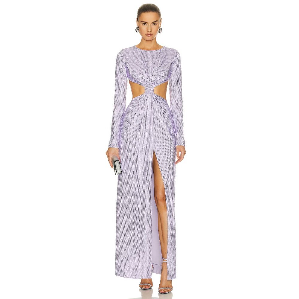 NWT AREA Crystal Embellished Front Knot Gown Purple Lilac Women's Size XS